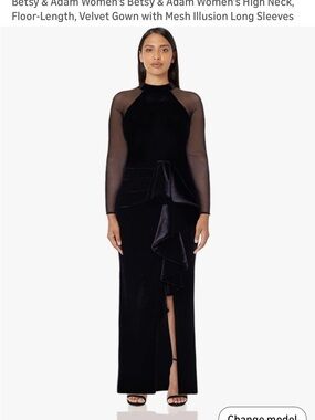 Betsy & Adam Black Velvet High-Neck Evening Gown with Mesh Sleeves